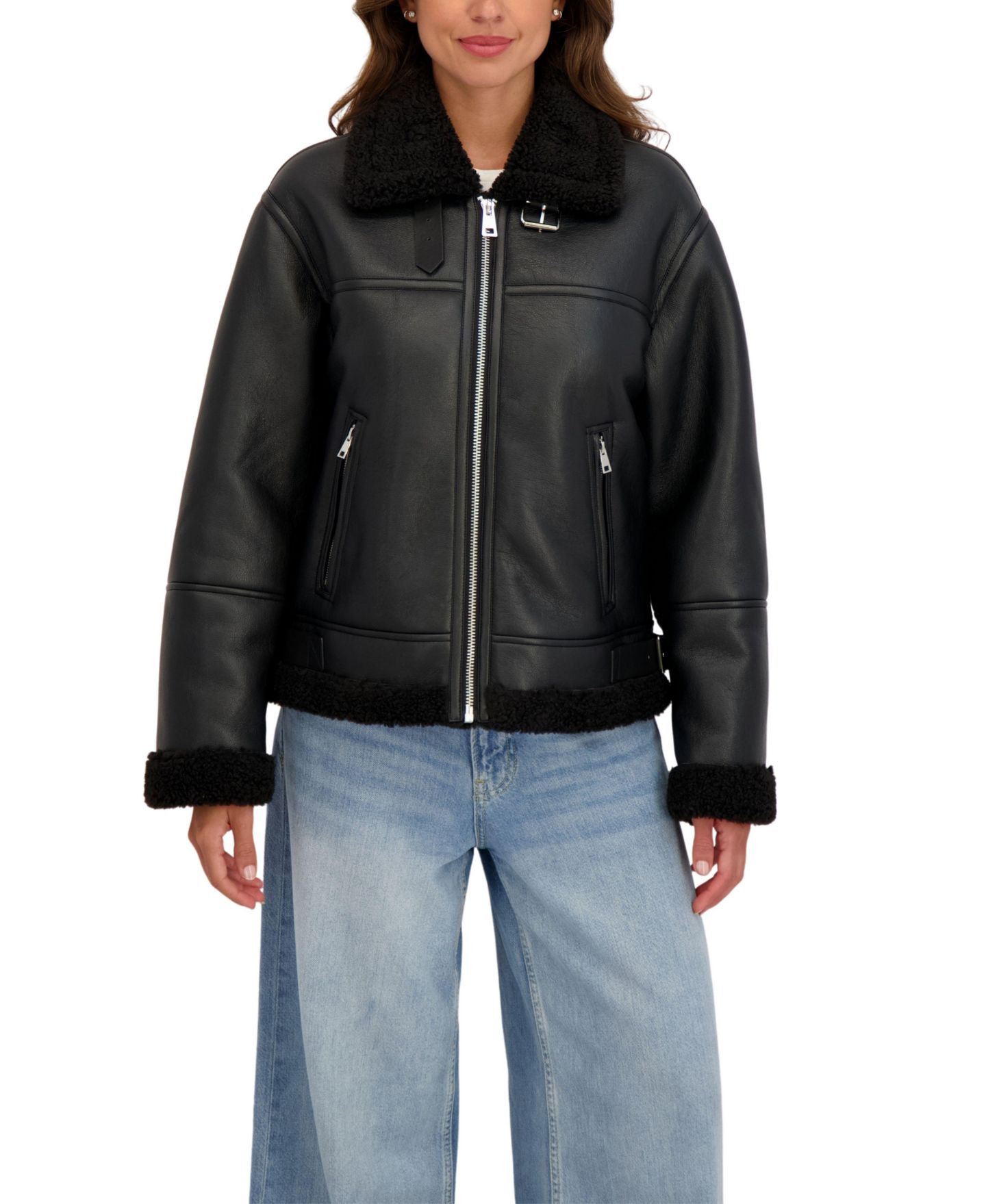 Женская куртка Sebby Collection Zip Front Faux Shearling, цвет: Чёрный — фото 1