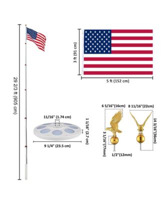 EZ GO 30ft Eagle Topper Telescopic Flag Pole Kit Solar Light Outside 3x5' US Flag Ball Top