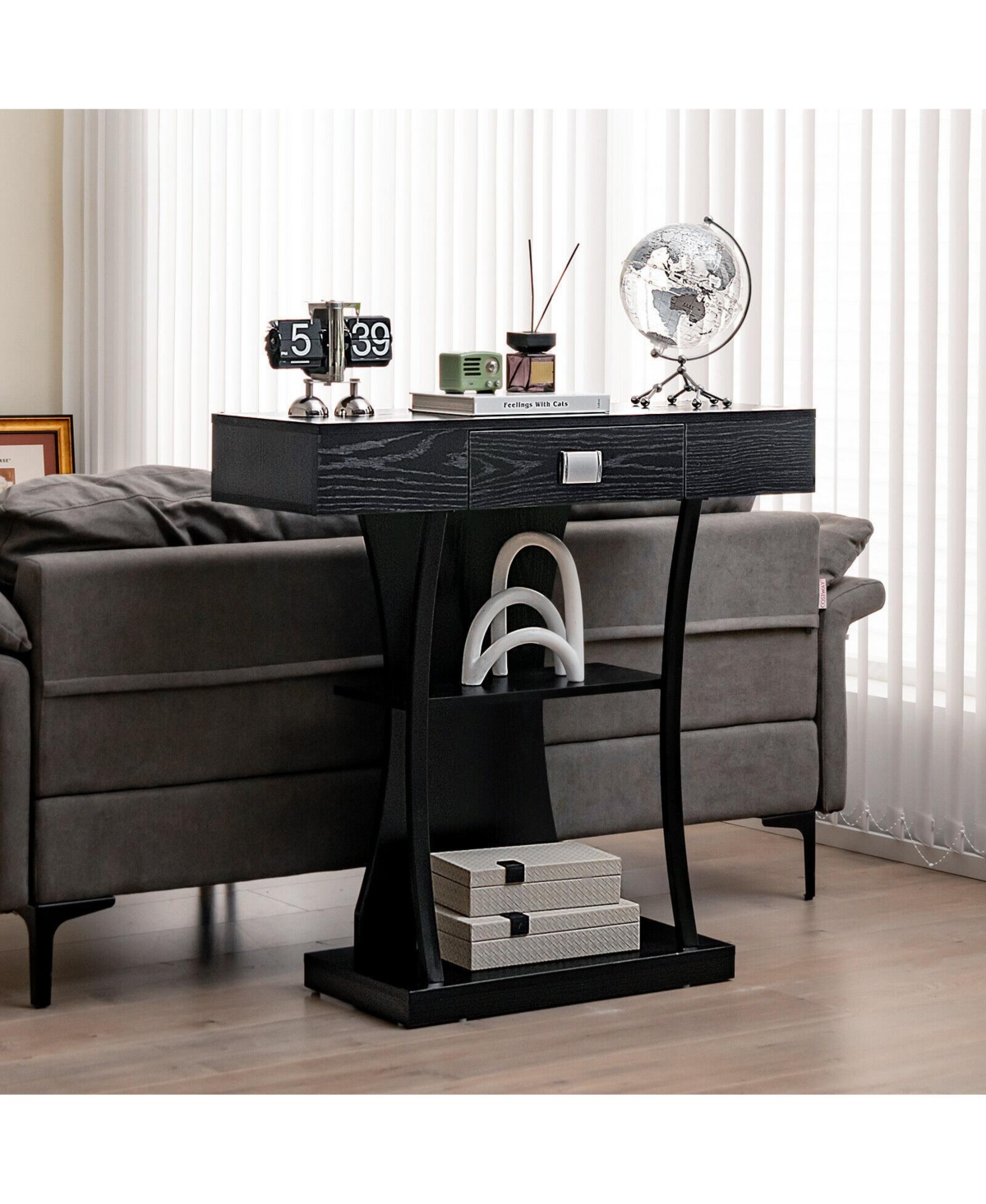 Console Table with Drawer and 2-Tier Shelves for Entryway Living Room