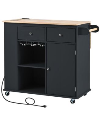 sumyeg Kitchen Island with Drop Leaf, Power Outlet, Rubber Wood Top, Rack, Open Storage, Adjustable Shelves (No Stools)