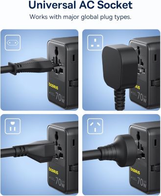 70W Universal Travel Adapter with Retractable Cable, 6-in-1 International Plug Adapter, USB-C PD Fast Charging Worldwide Wall Charger