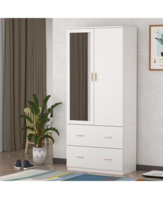 Modern 2-door 2-drawer wardrobe with mirror, bedroom Armoire, Closet
