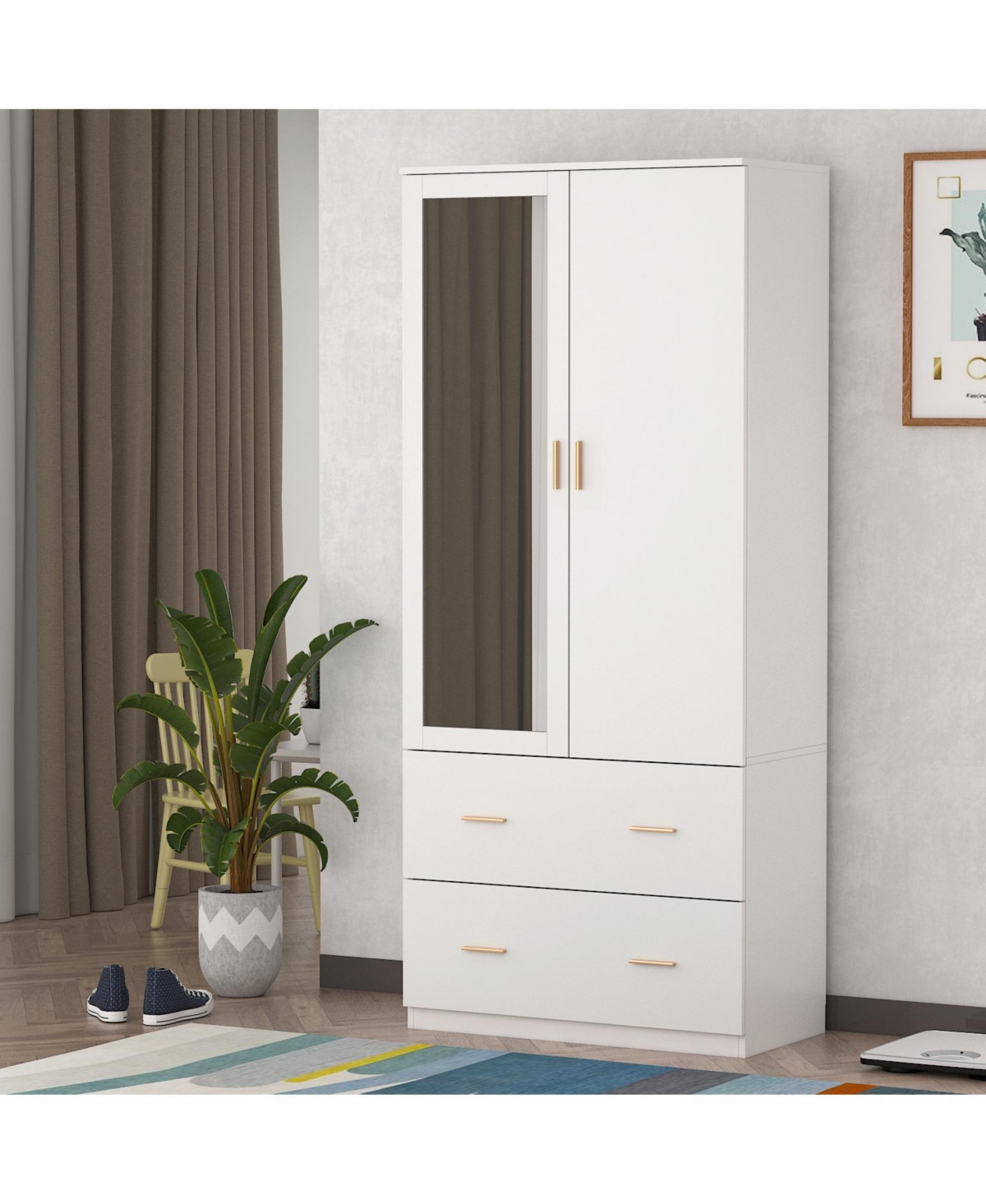 Wardrobe with Mirror and 2-Door 2-Drawer, Bedroom Armoire, Closet