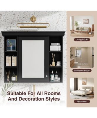 35" x 28" Wall Mounted Medicine Cabinet with Mirror Door and 6 Open Shelves, Modern Bathroom Cabinet