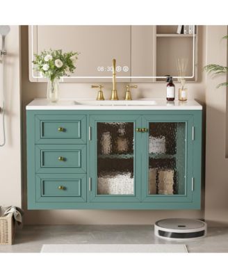 36" Wall Mounted Bathroom Vanity with Ceramic Sink and 3 Drawers, Solid Wood Frame