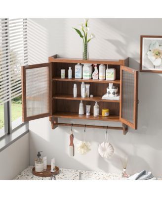 CASAINC 24.8" Vintage Wall-Mounted Bathroom Cabinet with Glass Double Doors, 3 Tiers and Towel Rack