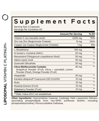 Liposomal Vitamin C+ Platinum - 1000 Mg Vitamin C Vitamins, Glutathione, NAC (N Acetyl Cysteine), Resveratrol, 180 Capsules