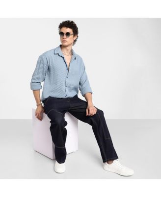 Men's Cornflower Blue Cubic-Textured Oversized Shirt