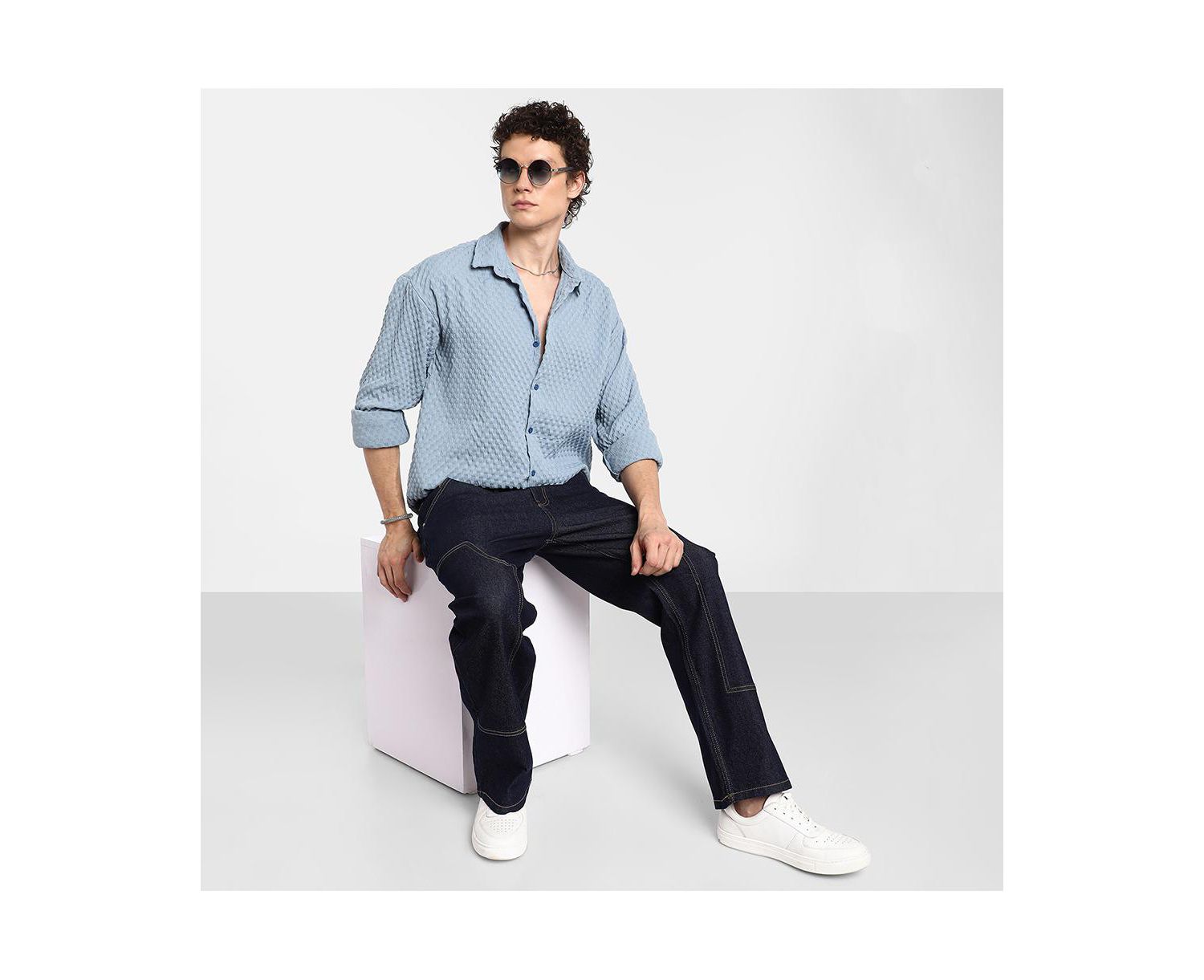 Men's Cornflower Blue Cubic-Textured Oversized Shirt