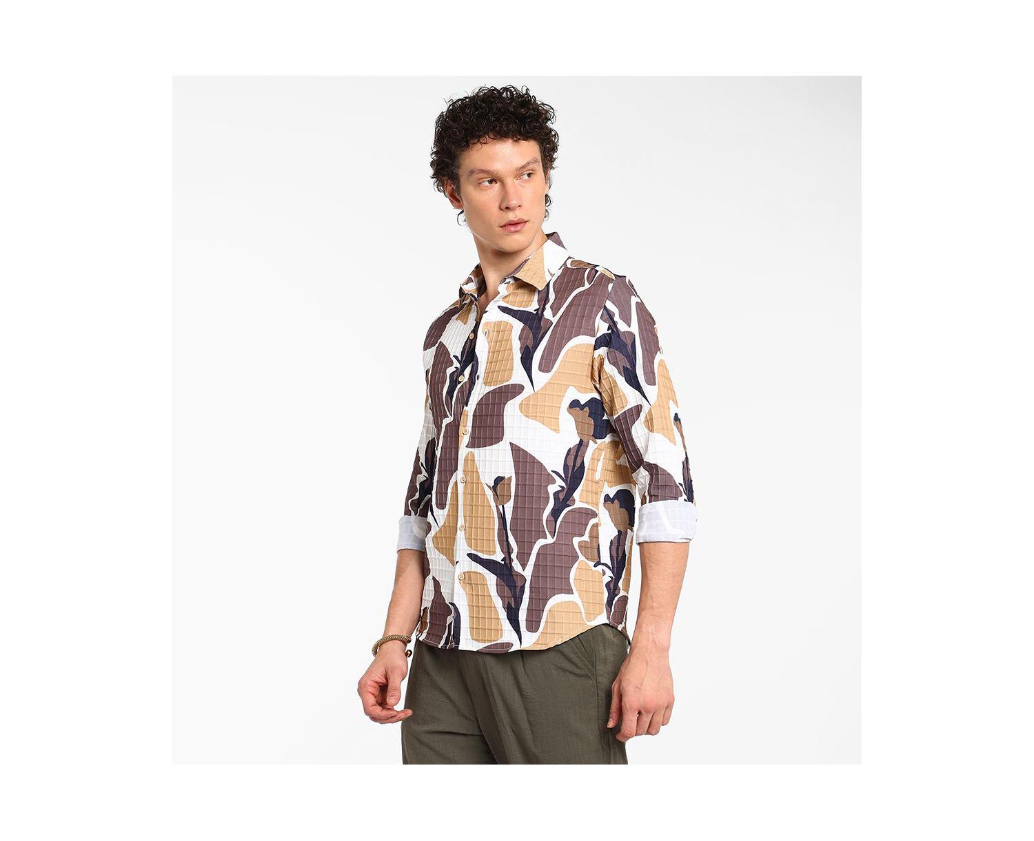 Men's Taupe Brown & Beige Abstract Tulip Shirt