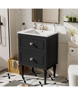 24" Bathroom Vanity Cabinet with Ceramic Sink Combo and 2 Drawers, Solid Wood Frame