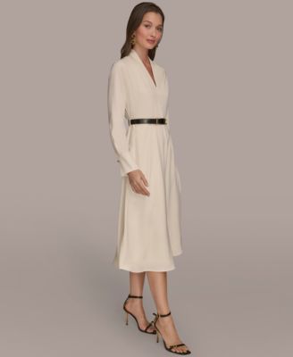 Women's Satin V-Neck Belted A-Line Midi Dress