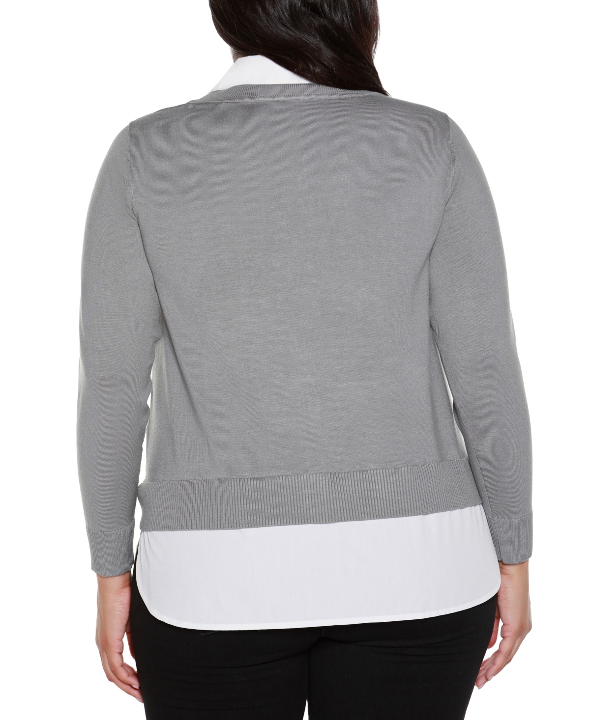 Belldini Plus Size Rhinestone-neckline Two-fer Sweater In Gray