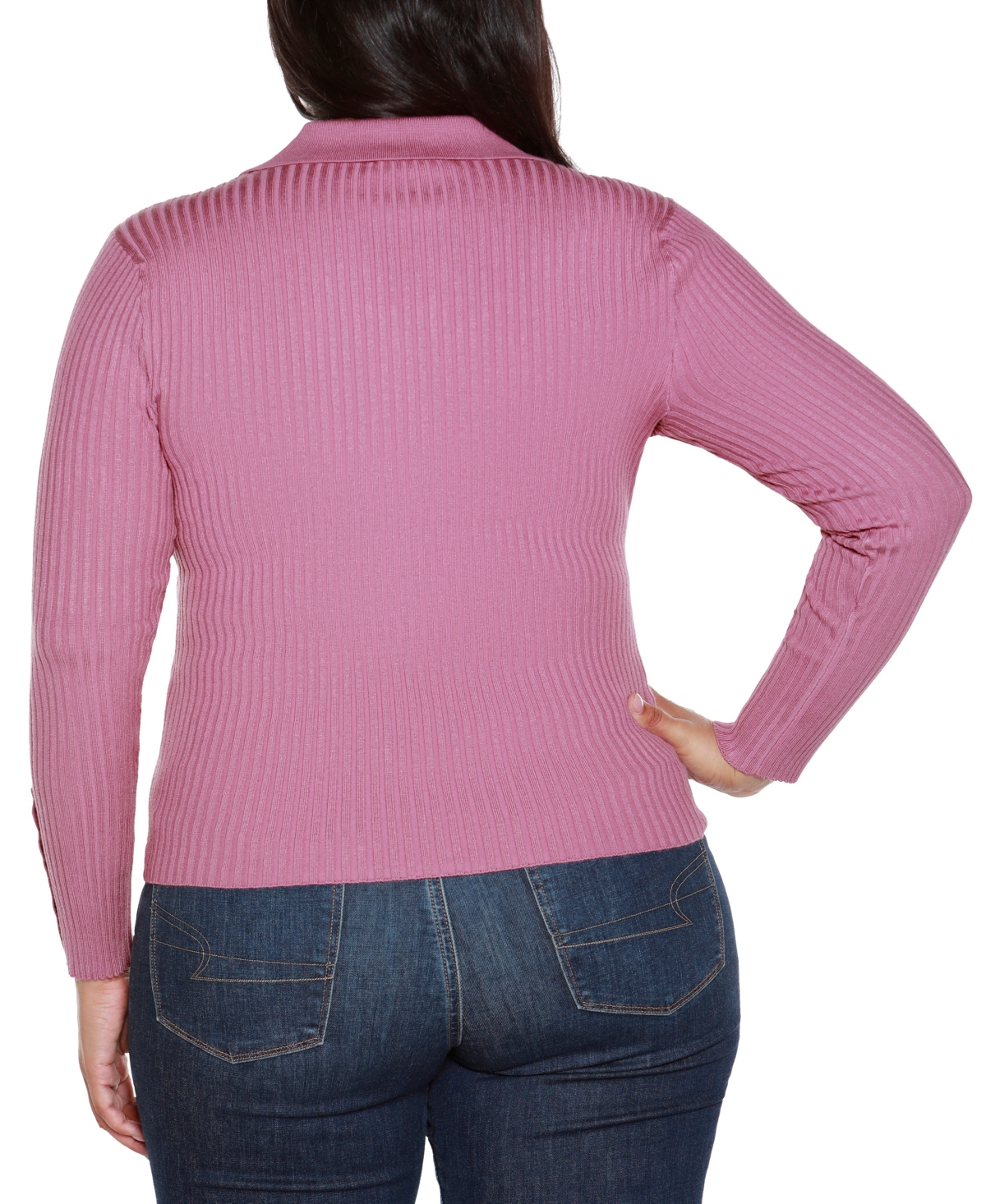 Belldini Plus Size Long Sleeve Johnny Collar Sweater In Pink