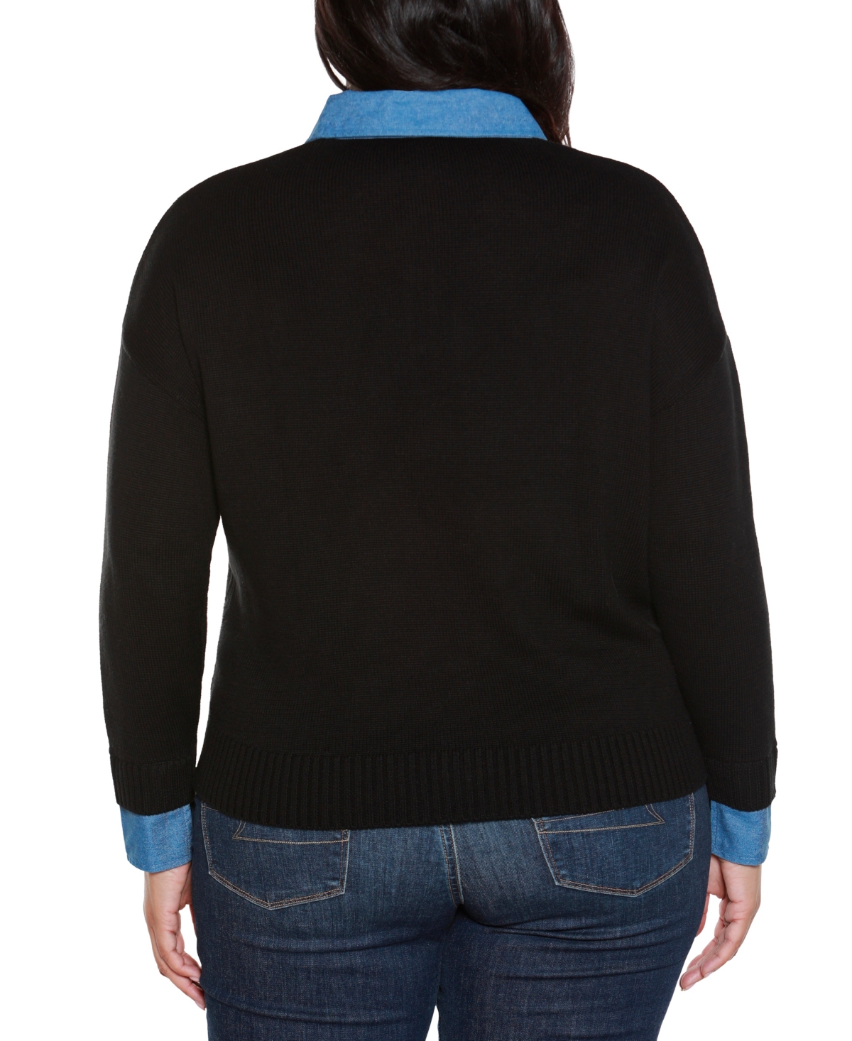 Belldini Plus Size Denim-trim Two-fer Sweater In Black