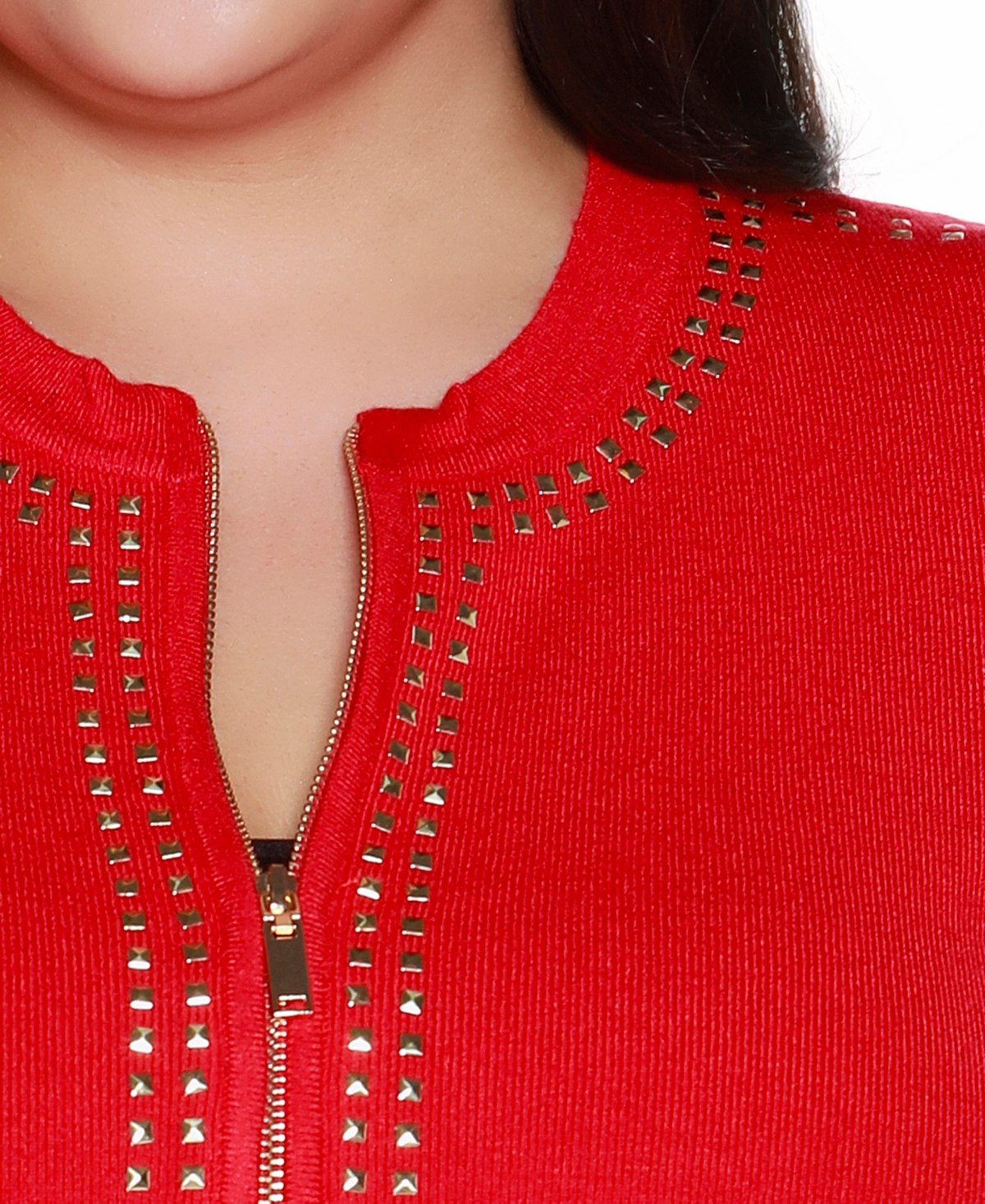 Belldini Plus Size Crewneck Embellished Zip Cardigan Sweater In Red
