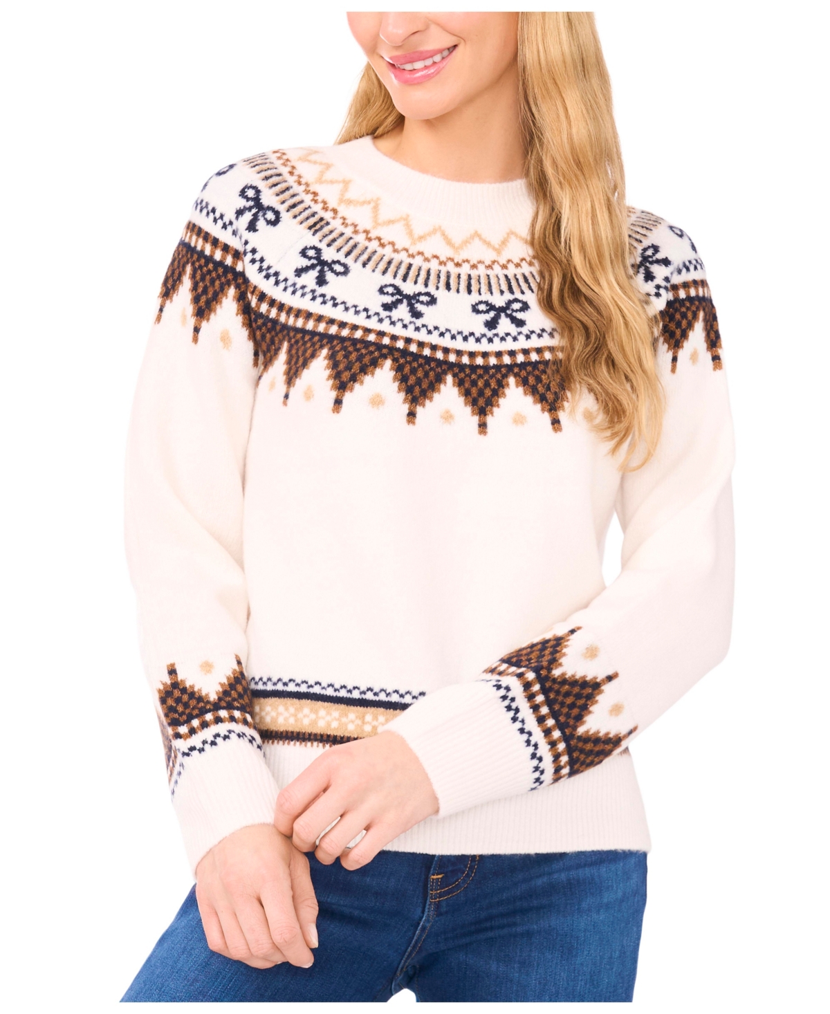Cece Fair Isle Ribbon Detail Crewneck Sweater In Neutral