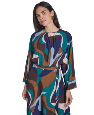 Petite Crewneck Belted Handkerchief Hem Midi Dress