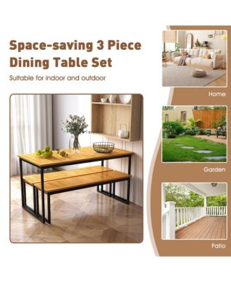 3 PCS Outdoor Dining Set for 6 w/Acacia Wood Tabletop Metal Frame Umbrella Hole