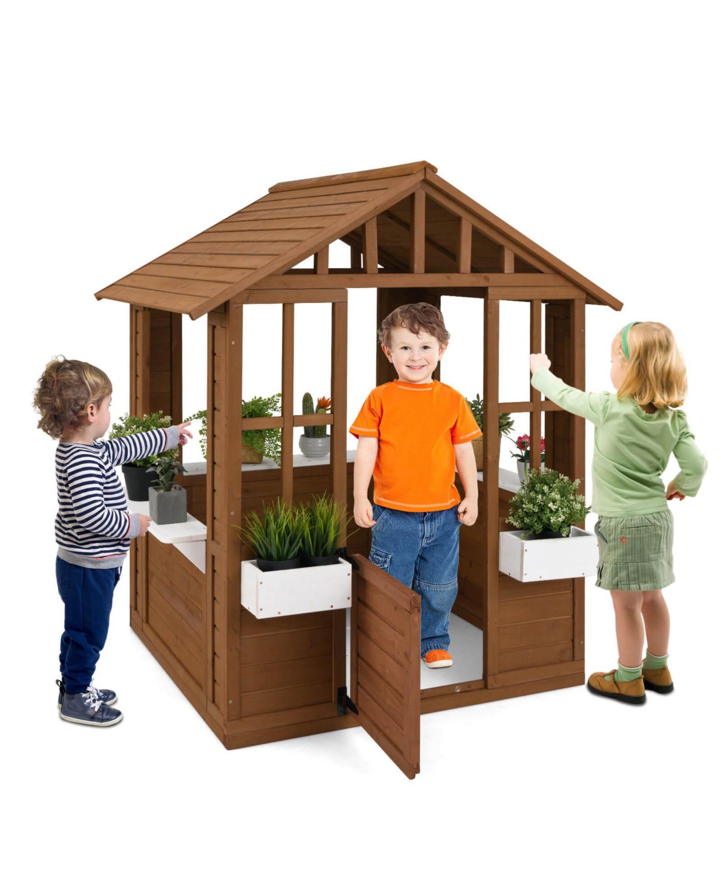 Детская игрушка Costway Outdoor Playhouse Wood Adventures Cottage with Serving Stations & Door, цвет: Натуральный — фото 8