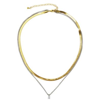 Gold & Silver Layered Necklace with CZ Pendant, Snake and Box Chain with Adjustable Length