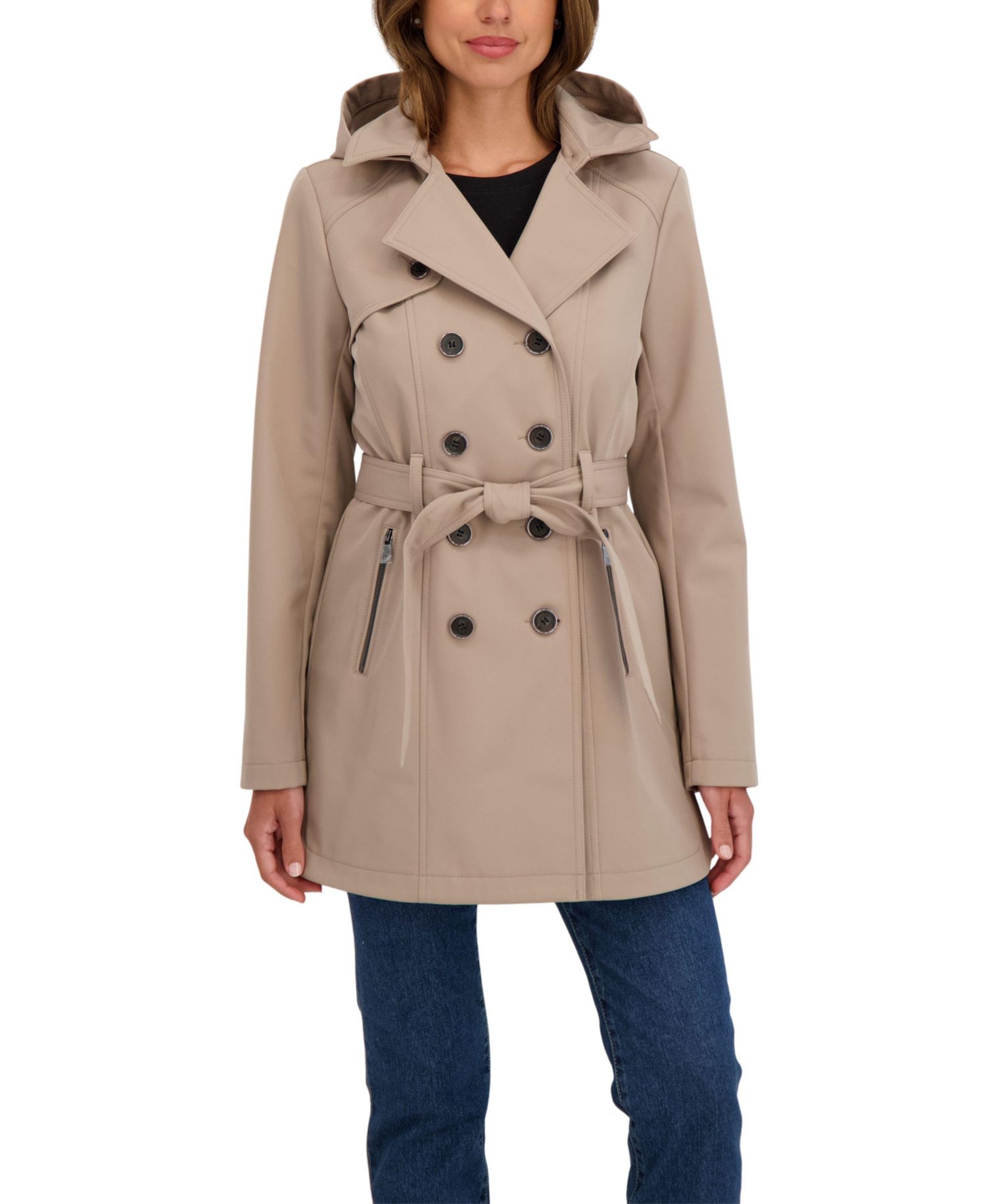 Women's Belted Double Breasted Soft Shell Trench Coat With Detachable Hood