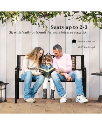 50" Outdoor Metal Park Bench with Rattan-Like Backrest & Curved Armrests