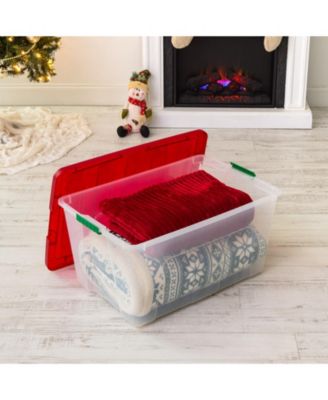 94 Quart Stackable Holiday Plastic Storage Bins with Lids and Latching Buckles, Clear/Red - 2 Pack