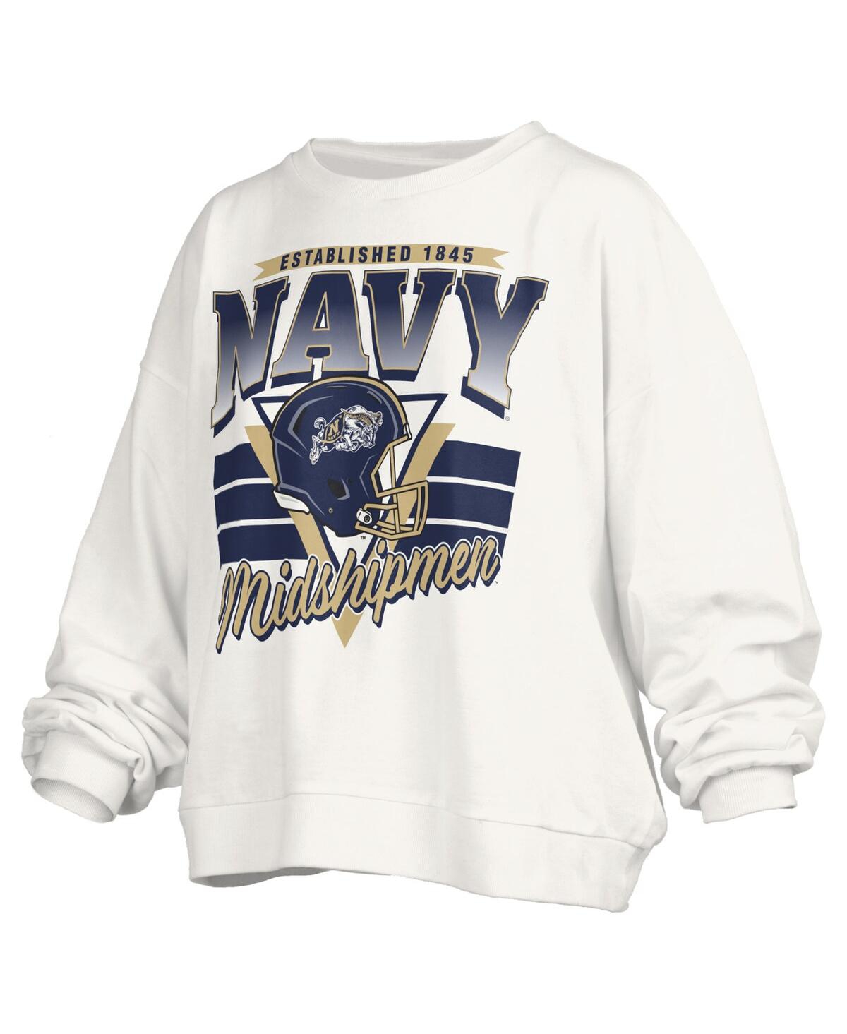Pressbox Women's White Navy Midshipmen Oversized Janice Retro Waist-Length Pullover Sweatshirt