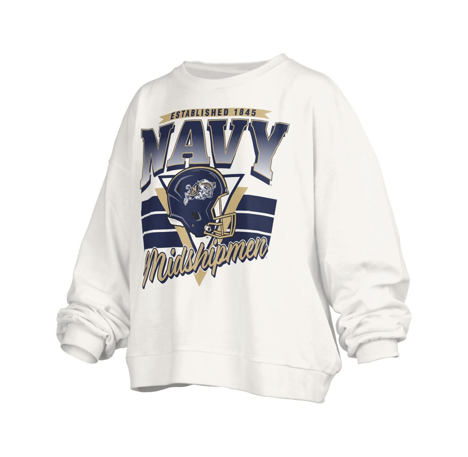 Women's White Navy Midshipmen Oversized Janice Retro Waist-Length Pullover Sweatshirt
