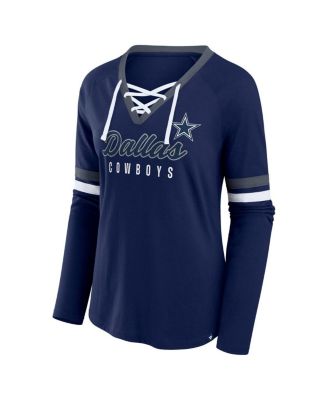 Women's Navy Dallas Cowboys Plus Size Won Done Lace-Up V-Neck Long Sleeve T-Shirt
