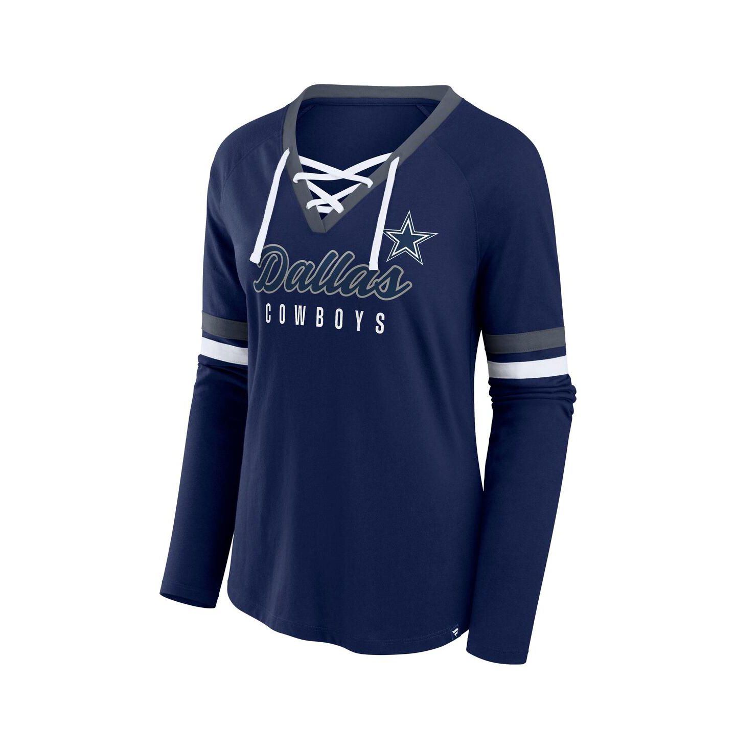 Женская футболка Fanatics Navy Dallas Cowboys Plus Size Won Done Lace-Up V-Neck Long Sleeve — фото 3
