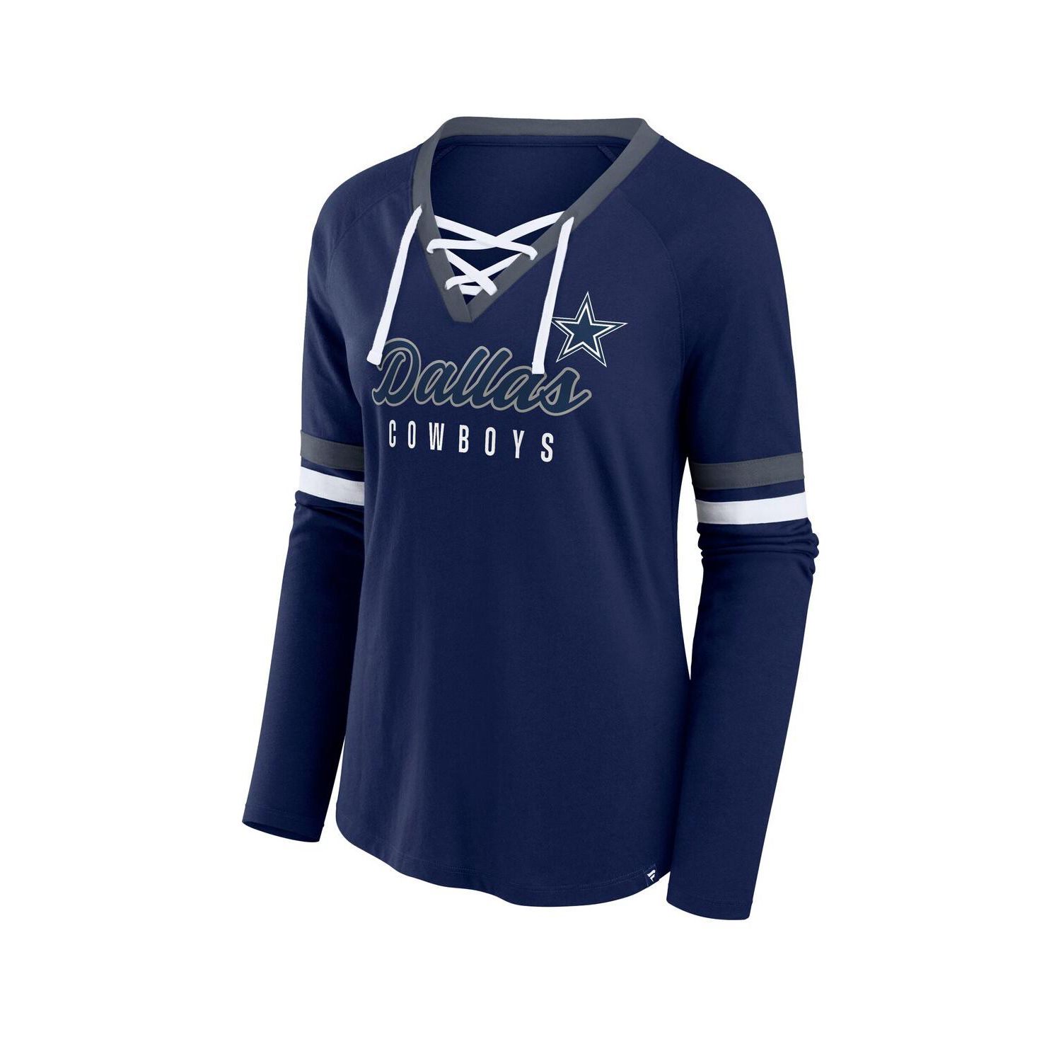 Women's Navy Dallas Cowboys Plus Size Won Done Lace-Up V-Neck Long Sleeve T-Shirt
