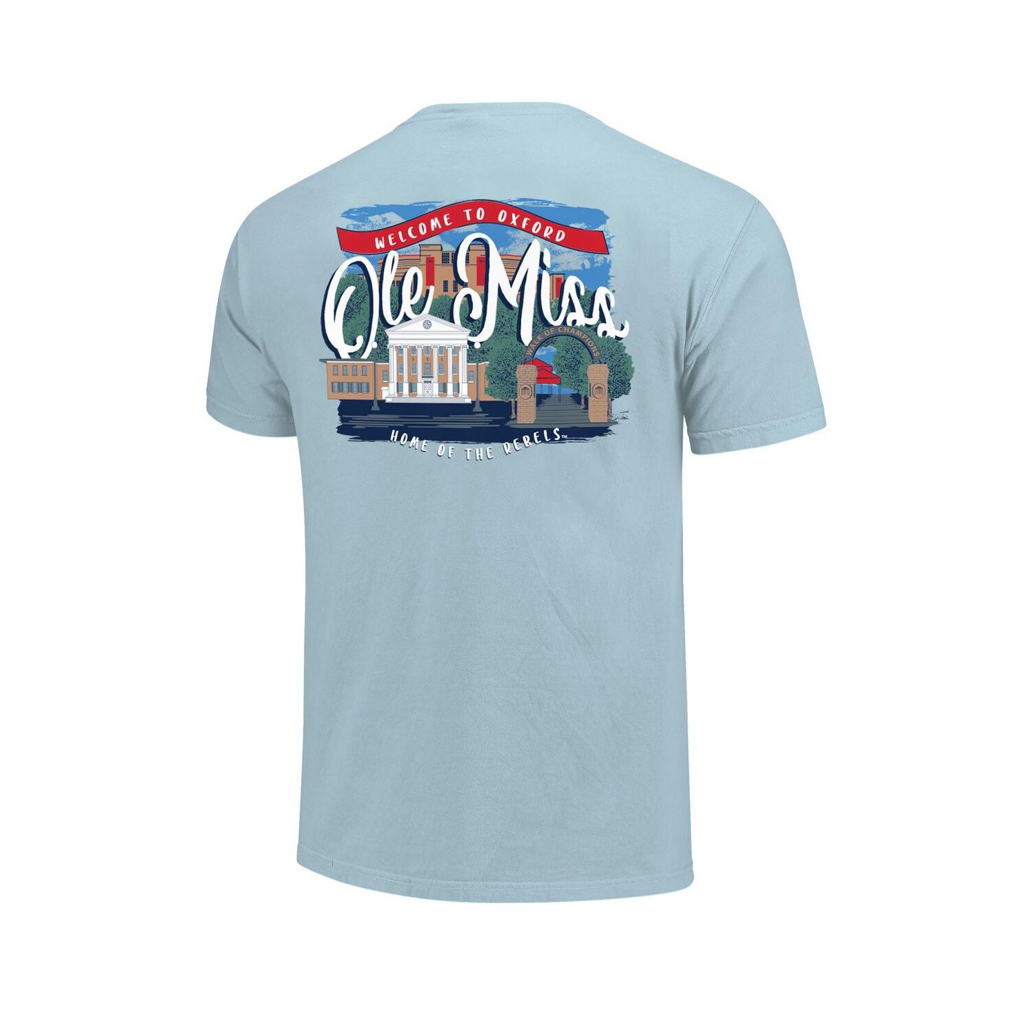 Women's Blue Ole Miss Rebels Comfort Colors Campus Scene Drawing Script T-Shirt