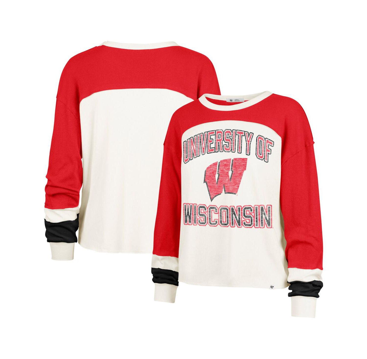 Women's Cream Wisconsin Badgers Double Header Curve Raglan Long Sleeve T-Shirt