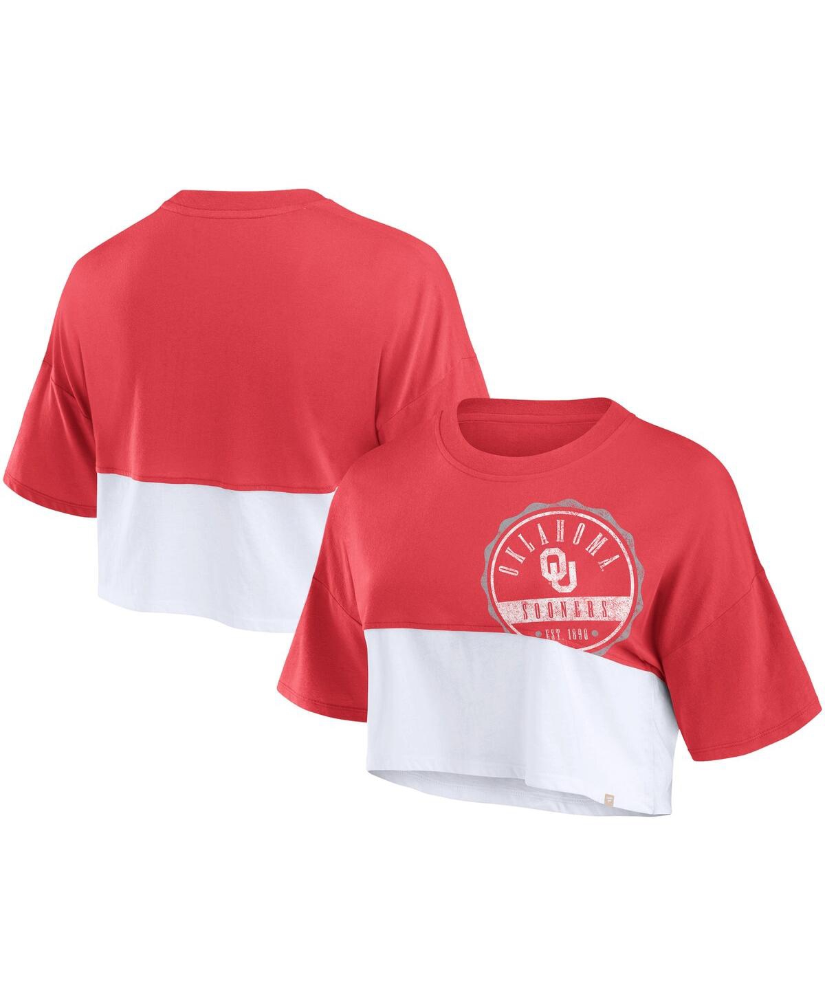 Fanatics Women's Crimson/white Oklahoma Sooners Oversized Badge Color Block Cropped T-shirt In Red