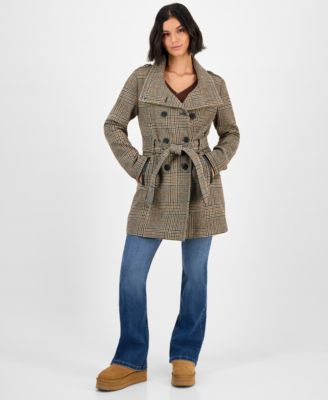 Juniors' Plaid Funnel-Neck Trench Coat