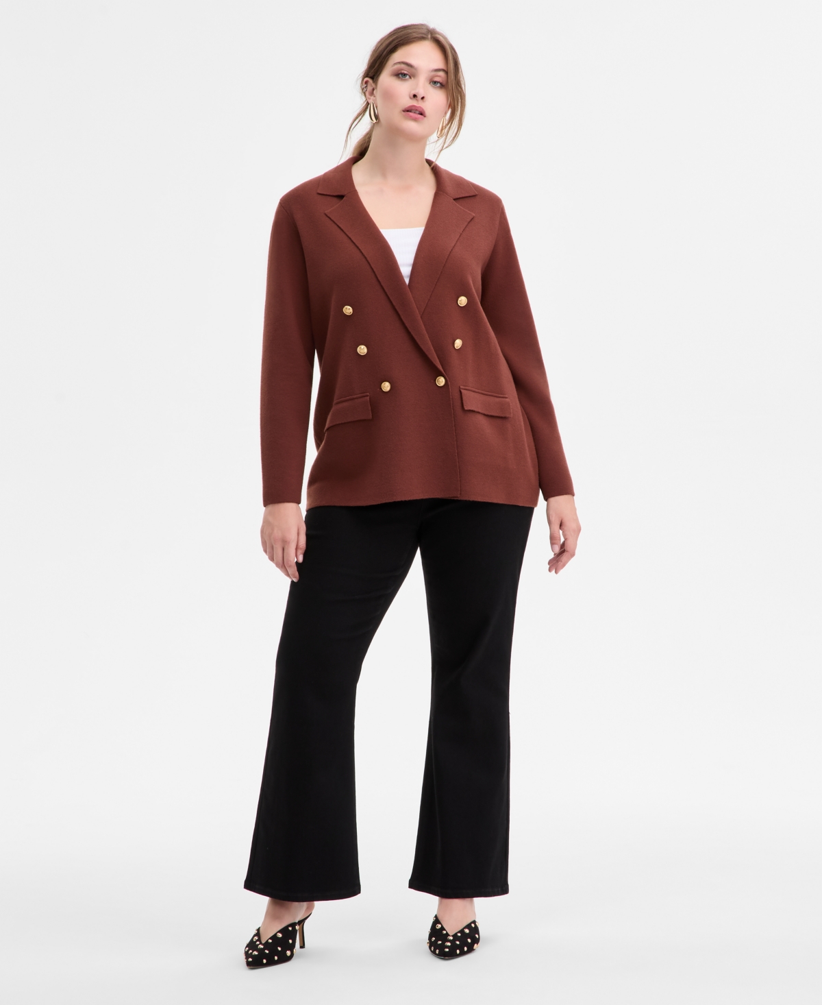 Inc International Concepts Plus Size Sweater Blazer, Macy's Exclusive In Brown