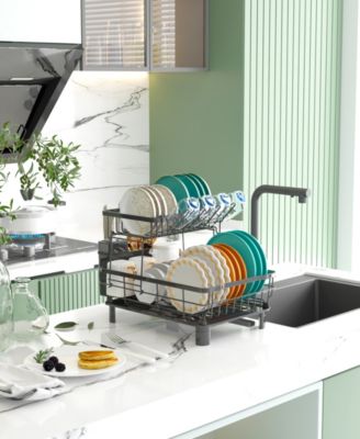 2-Tier Detachable Dish Drying Rack Stainless Steel Rack with Cutlery Box and Cup Holder