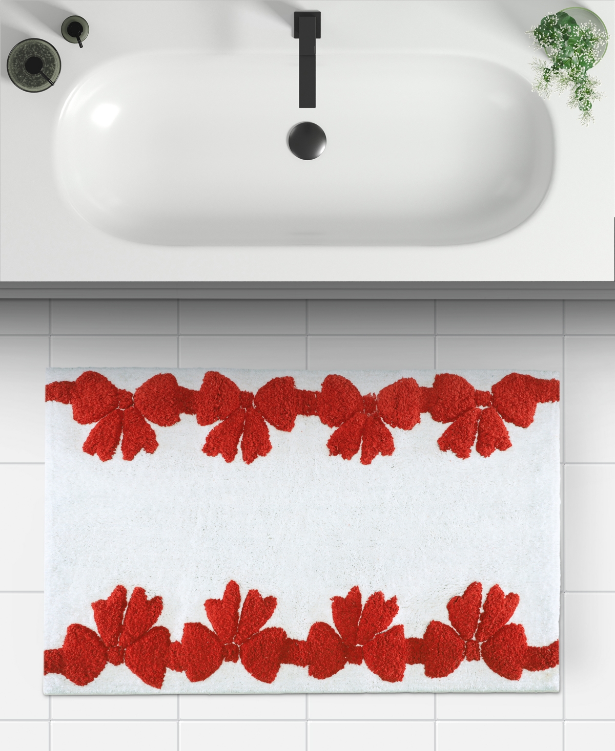 Holly Bells Holiday Bow Cotton Border Bath Rug, 20" x 32"