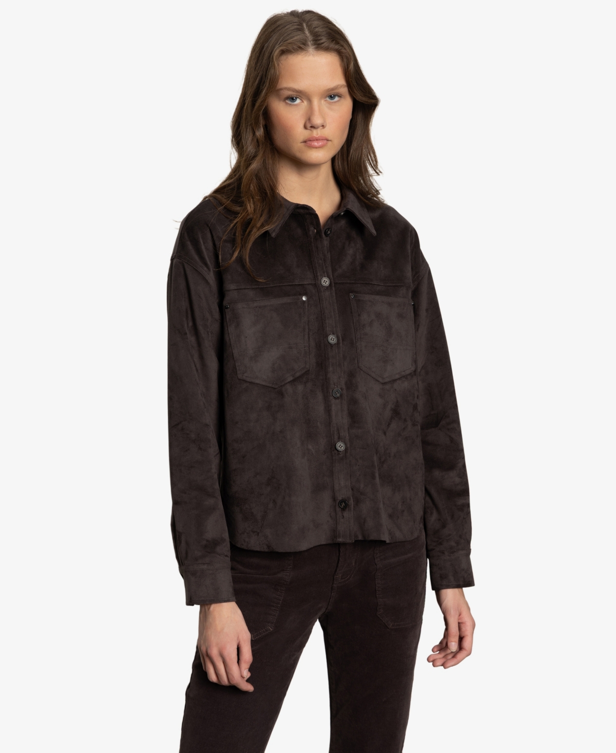 Sanctuary Ivy Faux Suede Long Sleeve Button-up Shirt In Brown
