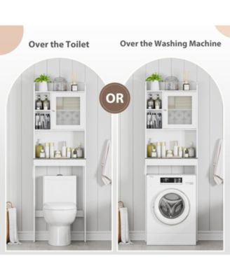 White Over The Bathroom Storage Cabinet, Freestanding Wood Space-Saving Organizer with Glass Door & Adjustable Shelves