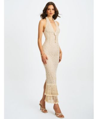 Women Faelyn Off-White Double Fringe Crochet Halter Maxi Dress