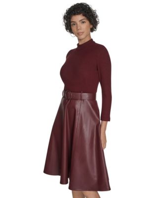 Women's Pleather Combo Midi Dress