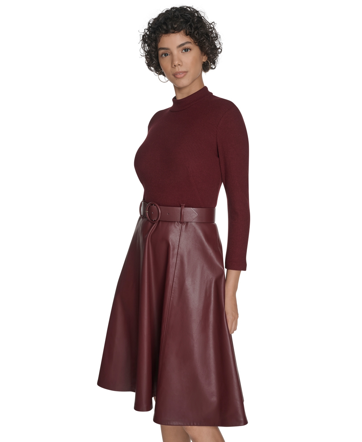 Calvin Klein Women's Pleather Combo Midi Dress In Burgundy