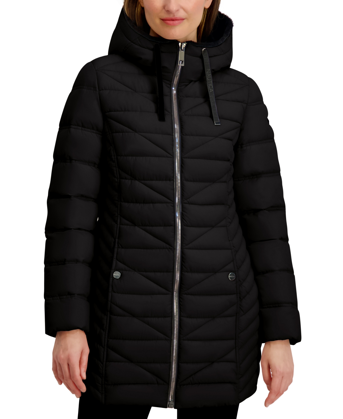 Nautica Women's Faux-fur-lined Hooded Puffer Coat In Black