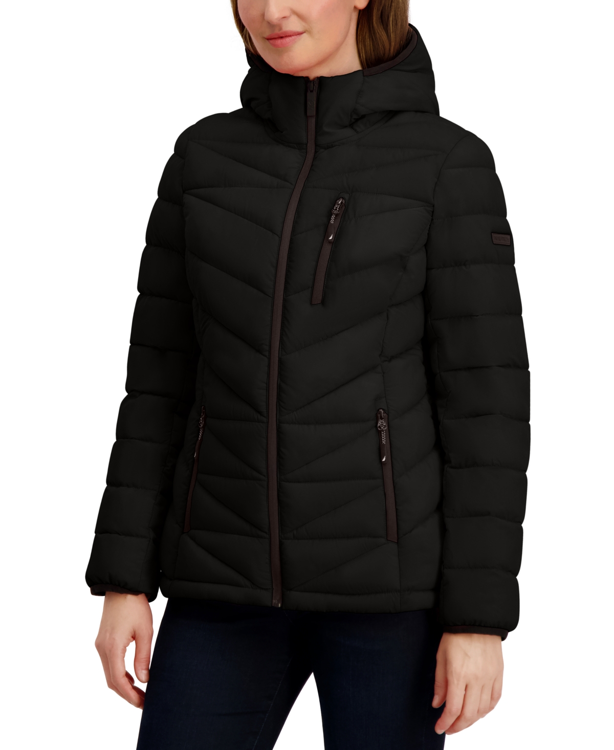 Nautica Women's Hooded Zip-front Puffer Coat In Black
