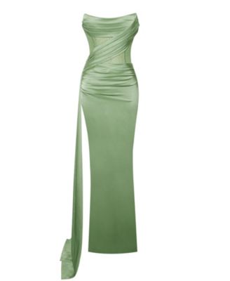 Women Holly Basil Crystallized Corset High Slit Satin Gown
