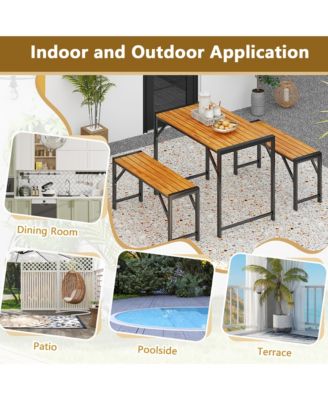 3 PCS Dining Set for 4 People Outdoor Picnic Table & 2 Benches w/ Metal Frame
