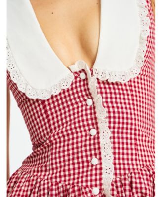 Women's Nala Red Gingham Eyelet Lace Trim Peterpan Collar Mini Dress